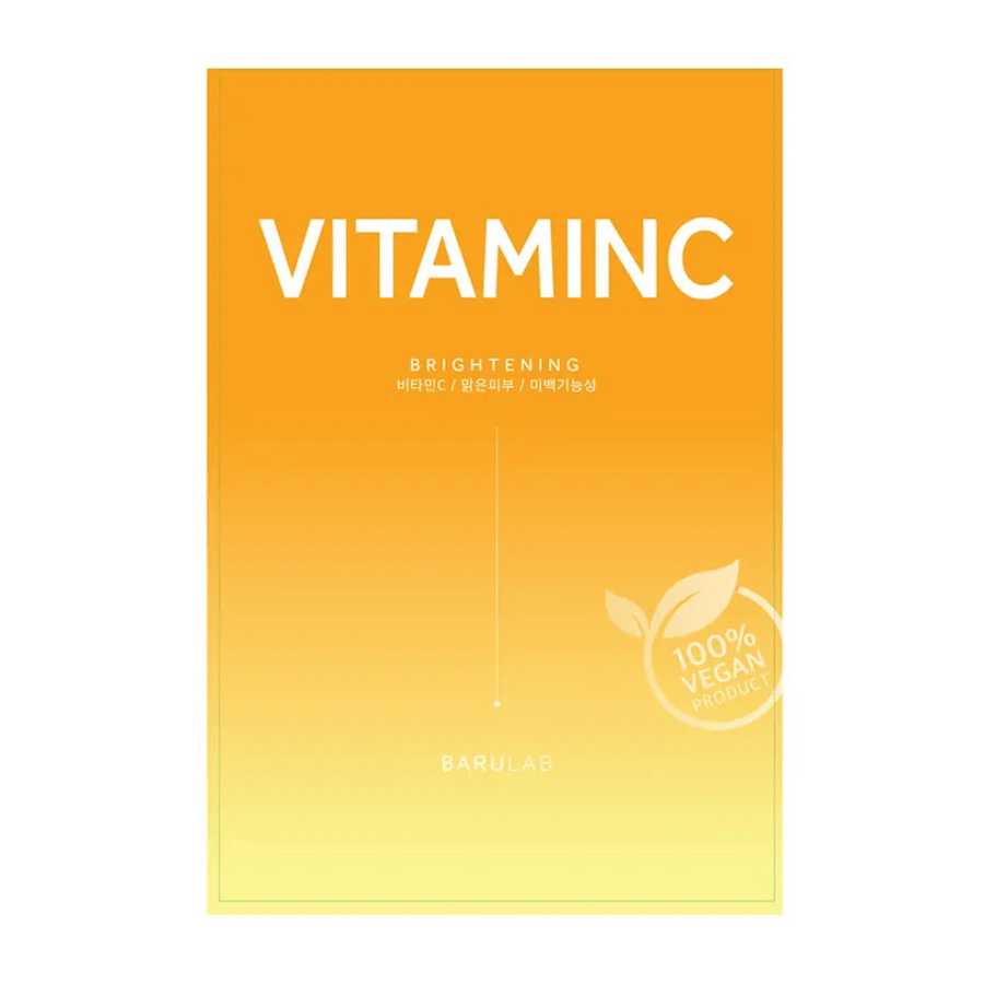 En förpackning av BARULAB "VITAMINC Brightening" mask, märkt som "100% Vegan Product". Förpackningen har en färggradient från orange i toppen till ljusgul i botten.