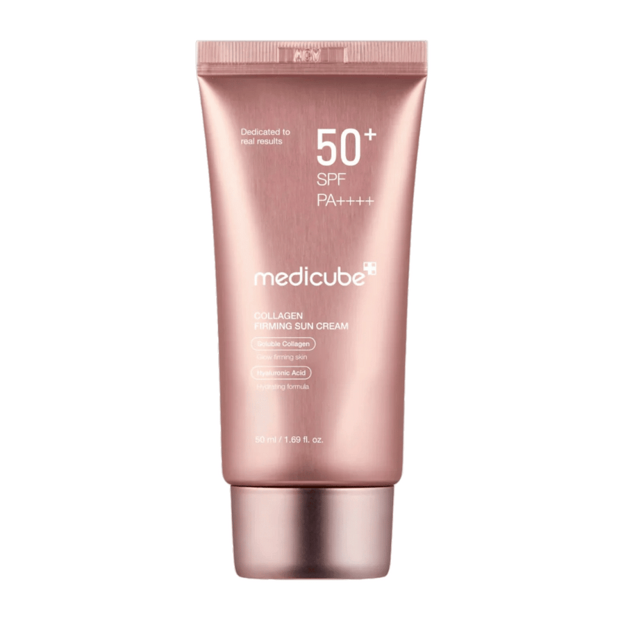 Medicube Collagen Firming Sun Cream SPF 50+ i roségul tub – solskydd med kollagen och hyaluronsyra som ger fastare, återfuktad hud med lyster.