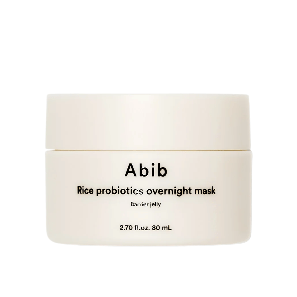 Produktbild på Abib Rice Probiotics Overnight Mask Barrier Jelly – en vit burk med svart text som innehåller 80 ml nattmask för att stärka hudbarriären och återfukta huden.
