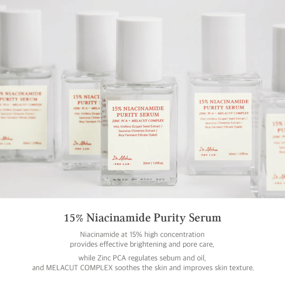 Dr. Althea 15% Niacinamide Purity Serum mit hoher Konzentration an Niacinamid für hellere Haut und Porenverkleinerung. Enthält Zink-PCA zur Sebumregulierung und MELACUT COMPLEX zur Beruhigung der Haut und Verbesserung der Textur. Elegante Verpackung für einen professionellen Eindruck.