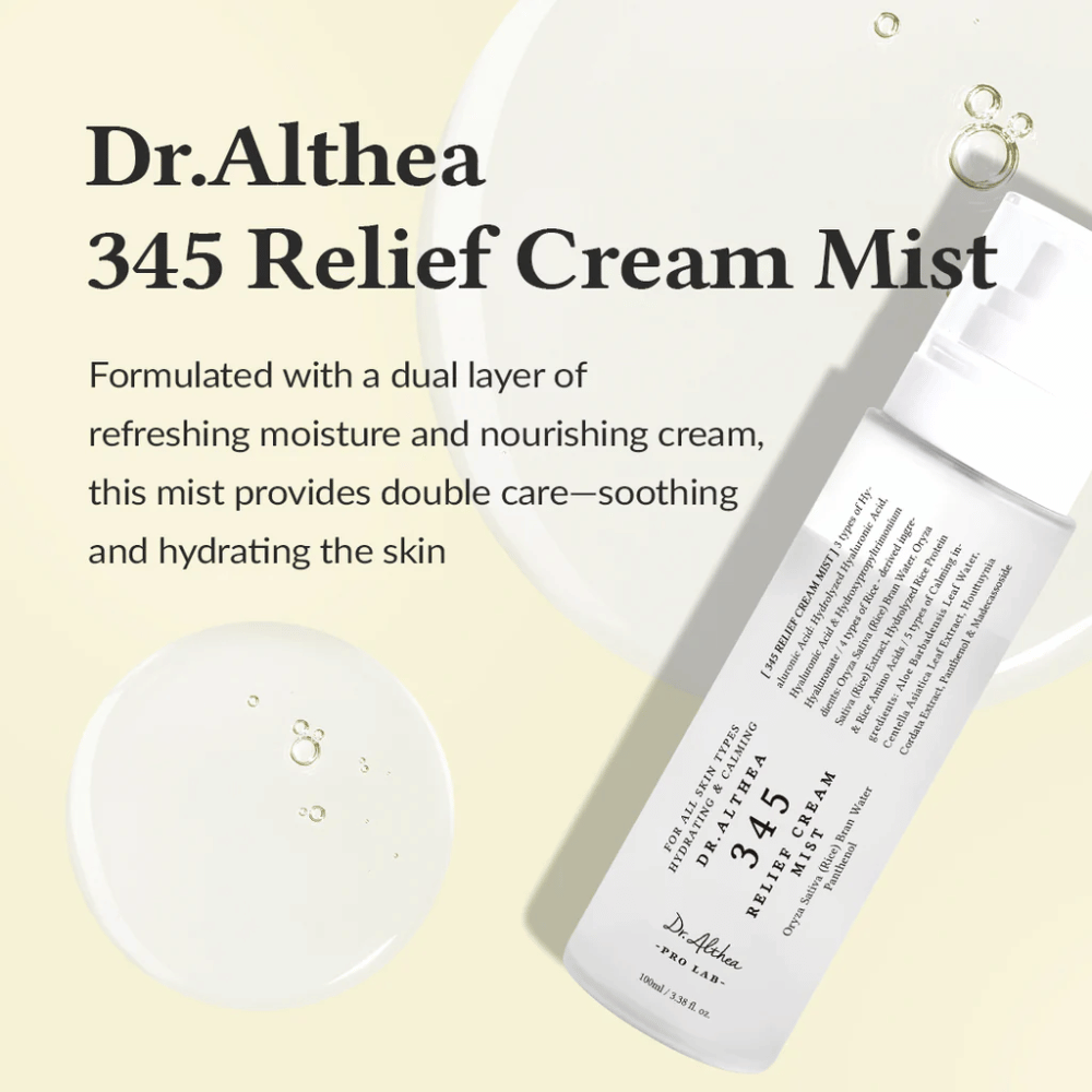 Produktbild von Dr. Althea 345 Relief Cream Mist mit Beschreibung der beruhigenden und feuchtigkeitsspendenden Formel, die doppelte Hautpflege in einem einzigen Sprühschritt bietet.