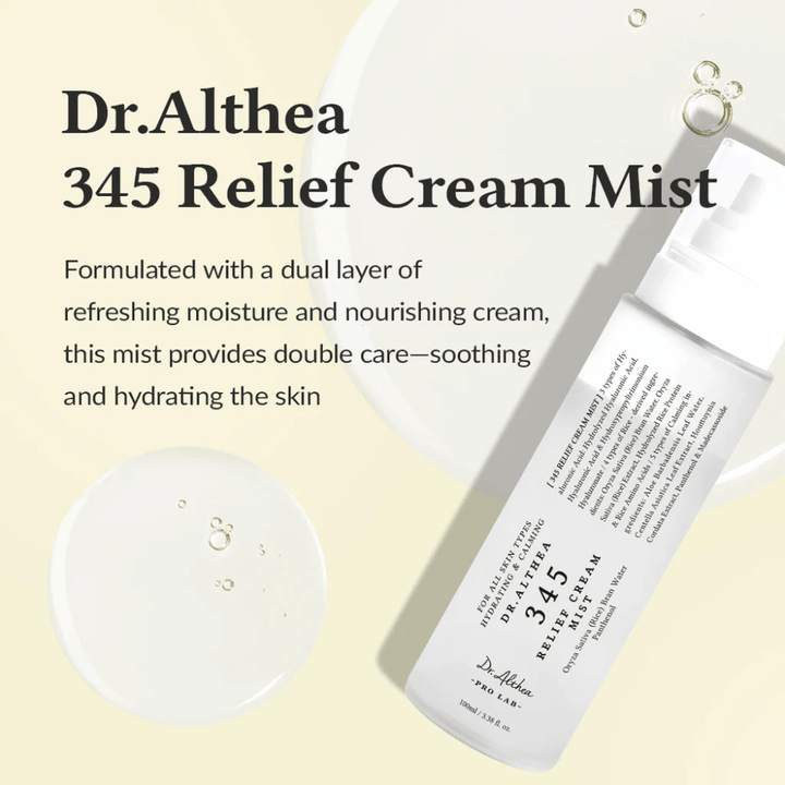 Produktbild von Dr. Althea 345 Relief Cream Mist mit Beschreibung der beruhigenden und feuchtigkeitsspendenden Formel, die doppelte Hautpflege in einem einzigen Sprühschritt bietet.