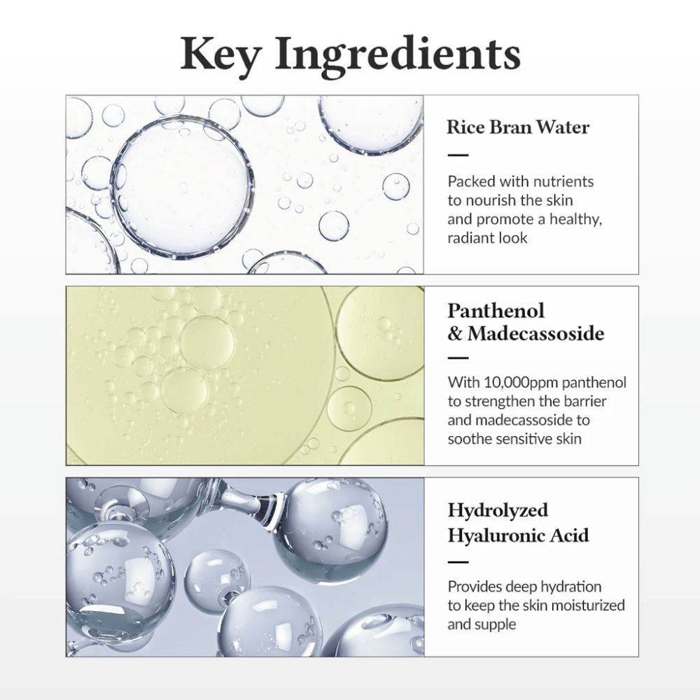 Schlüsselzutaten in Dr. Althea 345 Relief Cream Mist, mit Reiswasser, Panthenol, Madecassosid und hydrolysiertem Hyaluronsäure, die die Hautbarriere stärken und tiefgehende Feuchtigkeit spenden.
