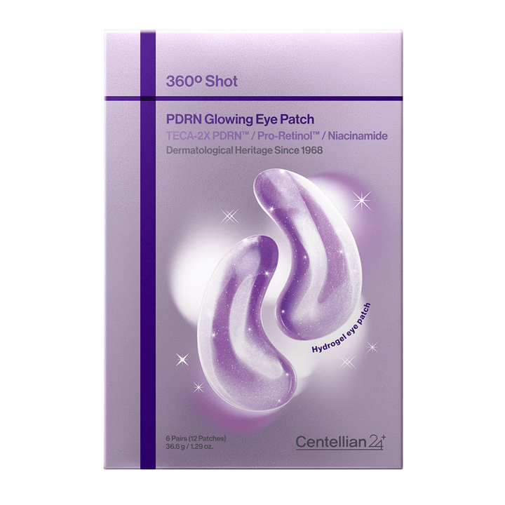 Verpackung von 360° Shot PDRN Glowing Eye Patch von Centellian24+, Hydrogel-Augenpatches mit PDRN, Niacinamid und TECA für Leuchtkraft und festere Augenkontur.