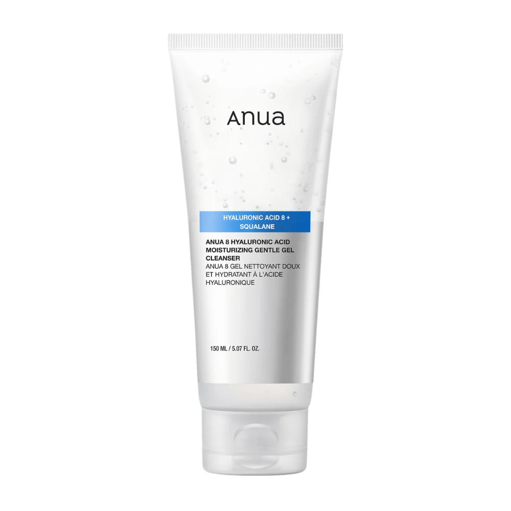Produktbild auf Anua 8 Hyaluronic Acid Moisturizing Gentle Gel Cleanser in einer weißen Tube. Sanfte Gel-Reinigung, die die Feuchtigkeitsbarriere der Haut stärkt und weiche, ausgeglichene Haut verleiht.