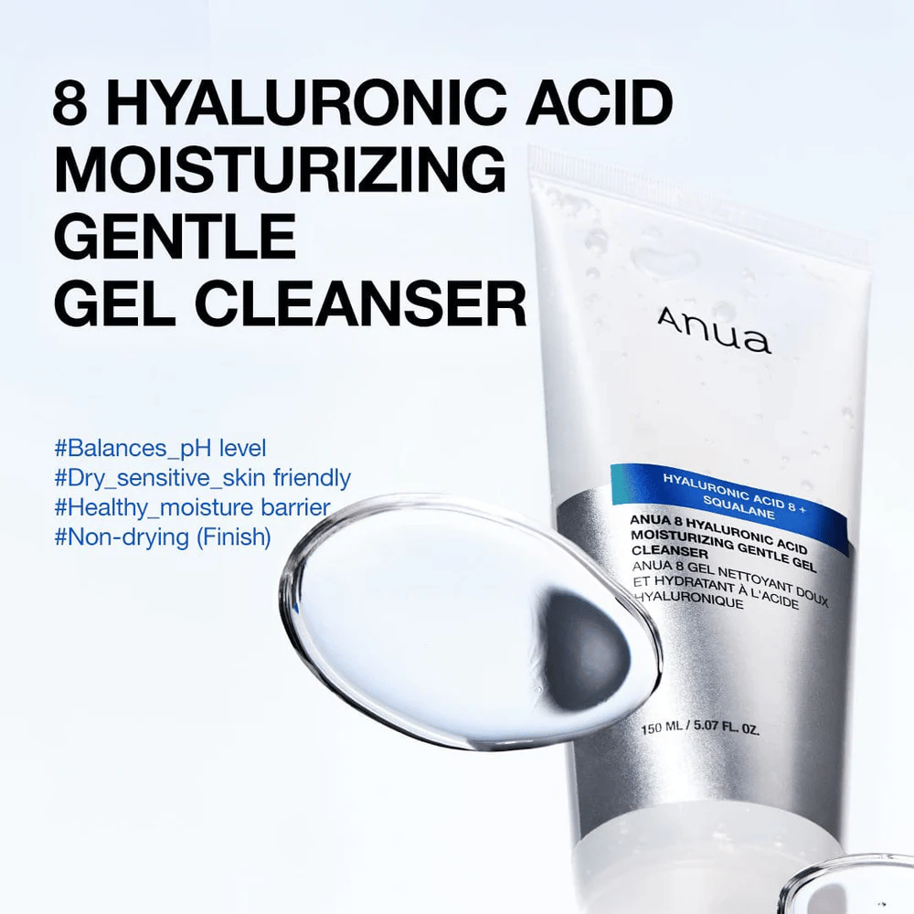 Anua 8 Hyaluronic Acid Moisturizing Gentle Gel Cleanser 150 ml vor blauem Hintergrund. Milde Gel-Reinigung mit squalane, die Feuchtigkeit spendet und für empfindliche Haut geeignet ist.