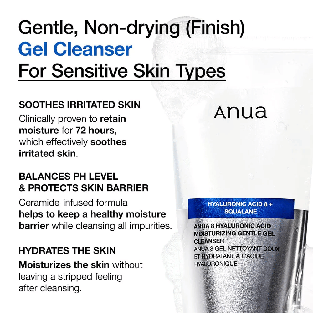Anua 8 Hyaluronic Acid Moisturizing Gentle Gel Cleanser mit Text, der die Produkteigenschaften hervorhebt: spendet 72 Stunden Feuchtigkeit, balanciert den pH-Wert und schützt die Hautbarriere.