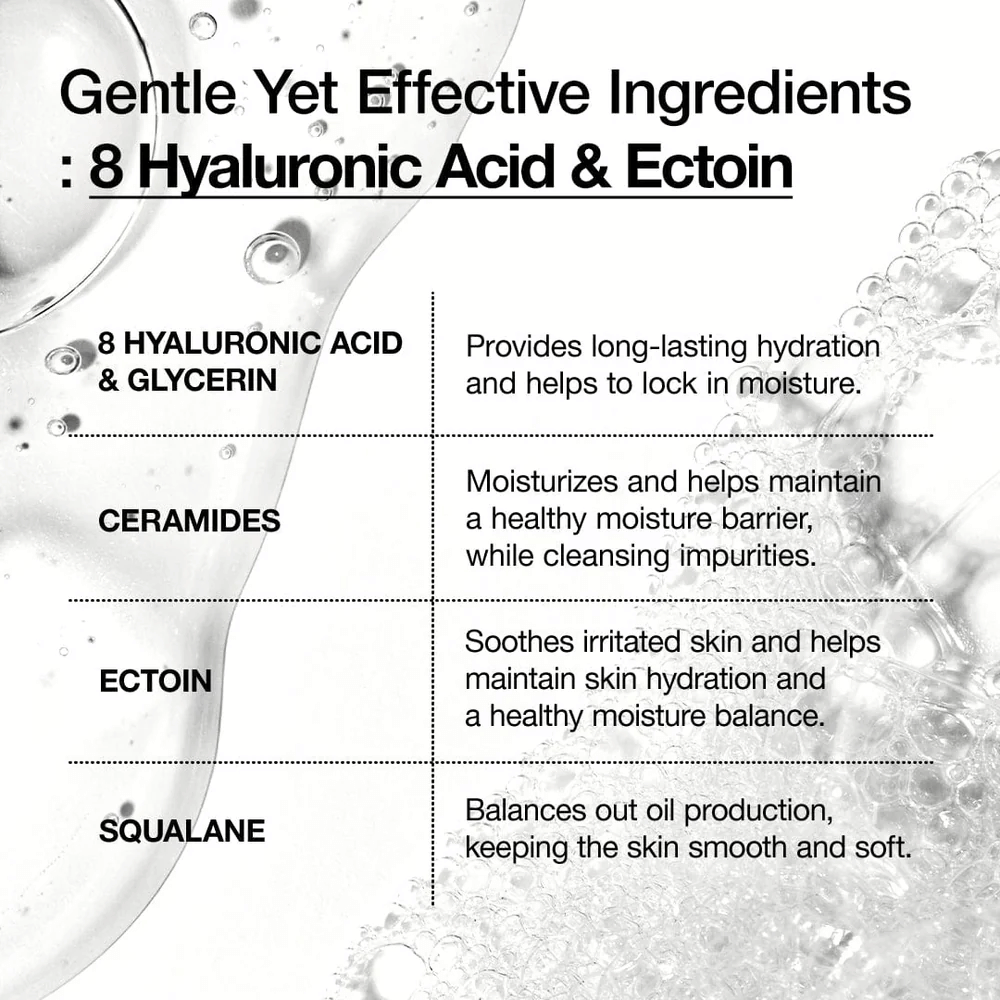 Grafische Darstellung der Schlüsselzutaten von Anua: 8 Arten von Hyaluronsäure, Ceramide, Ectoin und squalane, die Feuchtigkeit spenden, beruhigen und die Hautbarriere stärken.