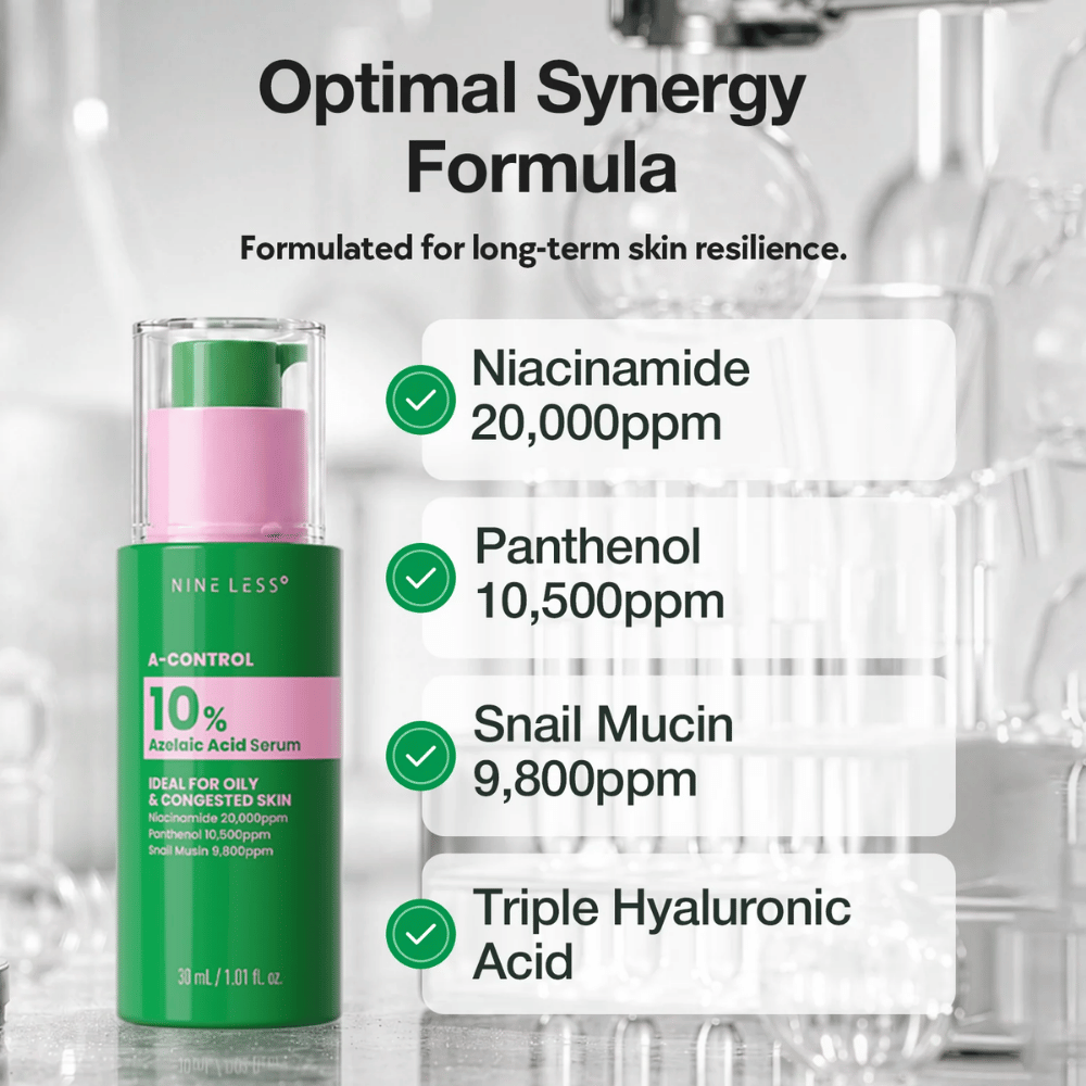 NINELESS A-Control 10% Azelaic Acid Serum mit Niacinamid, Panthenol, snail mucin und Hyaluronsäure für eine ausgeglichene und mit Feuchtigkeit versorgte Haut.