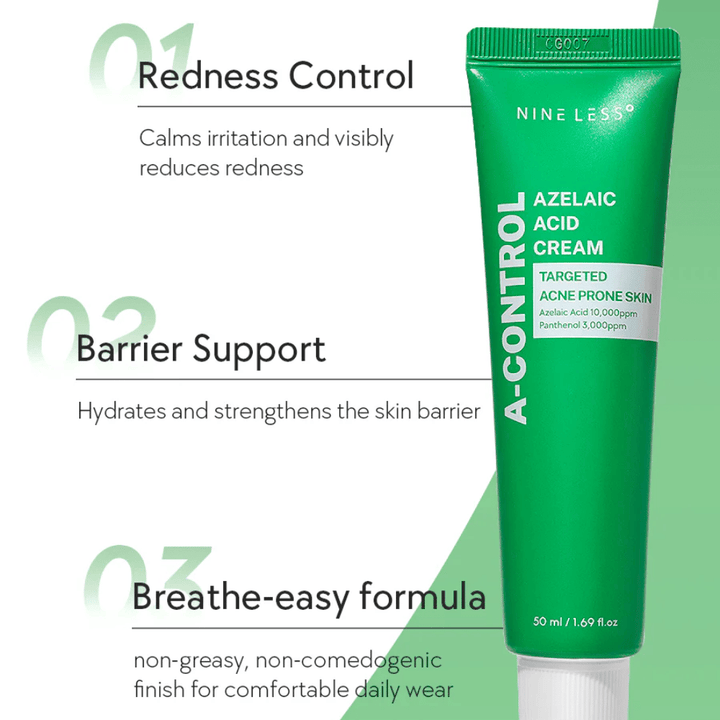 NINELESS A-Control Azelaic Acid Cream – koreanische Gesichtscreme mit Azelainsäure, die hilft, Rötungen zu reduzieren, die Hautbarriere zu stärken und ein leichtes, nicht fettendes Finish zu verleihen.