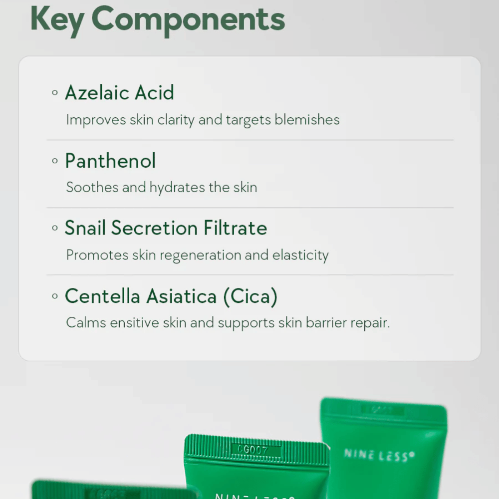 NINELESS A-Control Azelaic Acid Cream Inhaltsstoffe – Gesichtscreme mit Azelainsäure, Panthenol, snail mucin und Centella Asiatica, die hilft, die Haut zu beruhigen und die Klarheit der Haut zu verbessern.