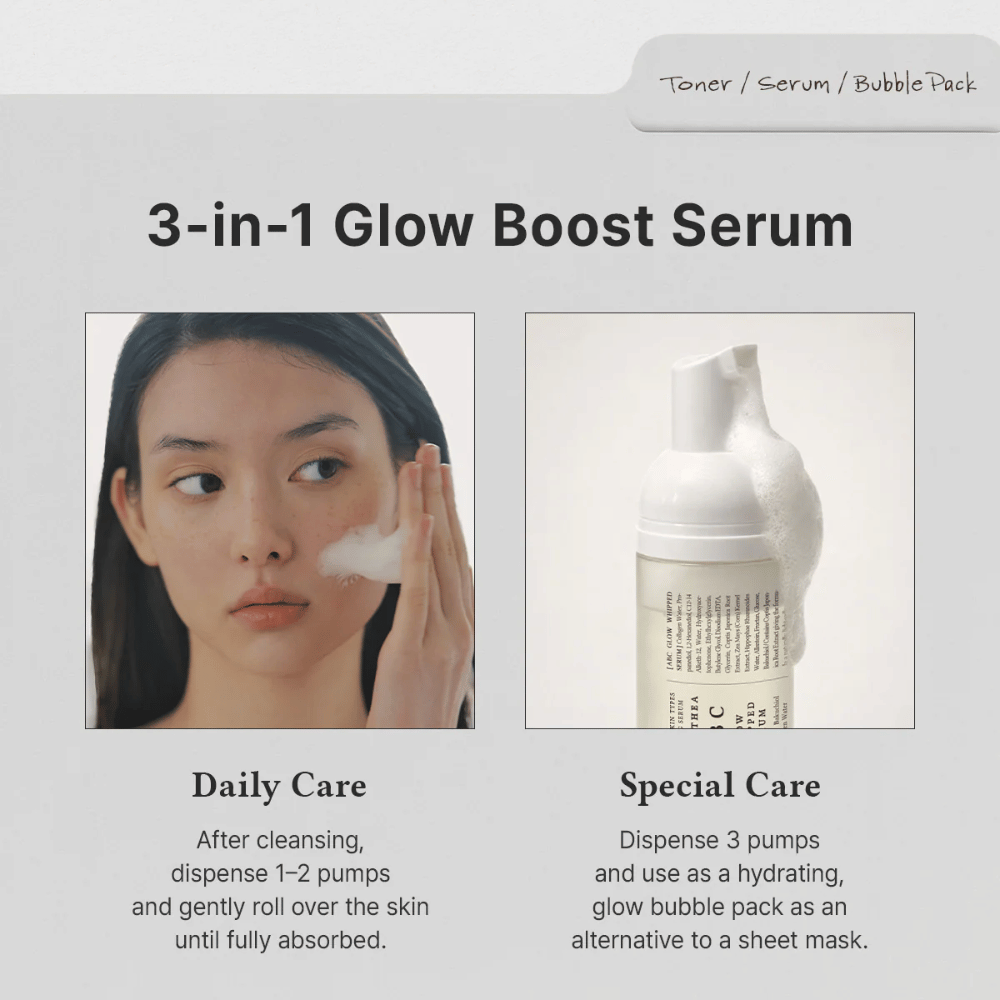 Bild – Anwendung (täglich vs. Spezialpflege)
Dr. Althea ABC Glow Whipped Serum wird als tägliches Serum oder als feuchtigkeitsspendende Bubble-Maske für extra Glow und intensive Hautpflege verwendet.