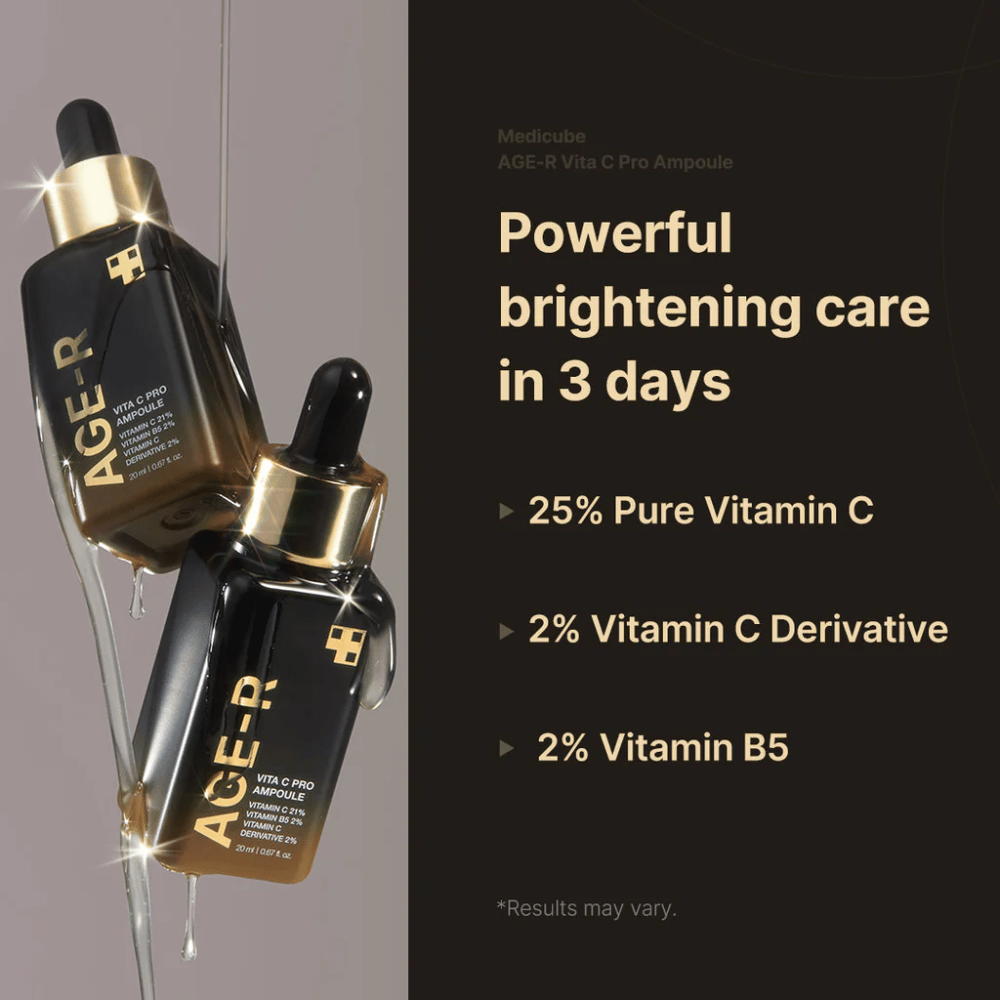 Bild von Medicube Age-R Vita C Pro Ampoule, das die aufhellende Wirkung des Produkts innerhalb von 3 Tagen hervorhebt. Das Produkt enthält 25% reines Vitamin C, 2% Vitamin C-Derivat und 2% Vitamin B5. Die Flaschen werden mit goldenen Details und einer Pipette zur Anwendung gezeigt.