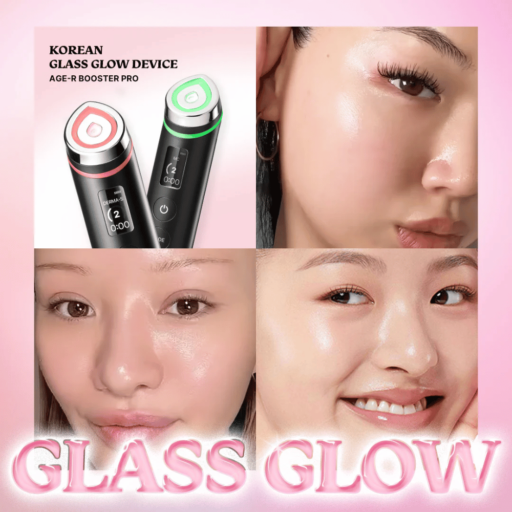 Vier Bilder zeigen Nahaufnahmen von glatter, glänzender Haut nach der Anwendung von Medicube Age-R Booster Pro, beworben als ein "Korean Glass Glow Device". Das Produkt wird hervorgehoben, um eine glänzende und gleichmäßige Haut zu verleihen, genannt "Glass Glow".