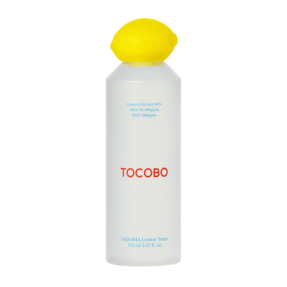 TOCOBO AHA BHA Lemon Toner in durchsichtiger Flasche mit gelbem zitronenförmigem Deckel und rotem Logo. Auf der Flasche steht 38 % Zitronenextrakt, AHA 50 400 ppm und BHA 500 ppm.
