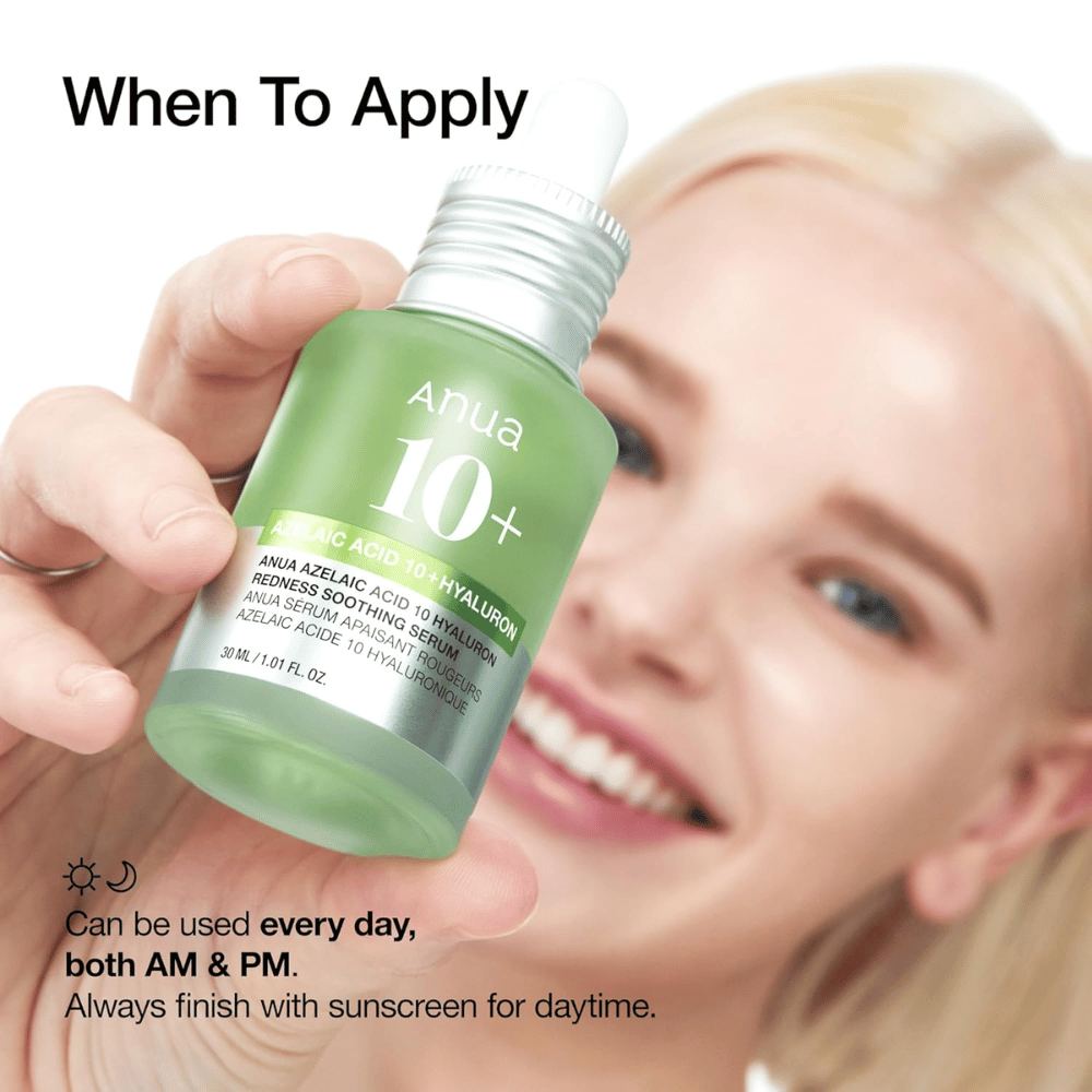ANUA Azelaic Acid 10+ Hyaluron ist ein beruhigendes Serum, das Rötungen reduziert und die Haut mit Feuchtigkeit versorgt. Perfekt für die tägliche Anwendung sowohl morgens als auch abends. Enthält Azelainsäure und Hyaluronsäure, um die Hautbarriere auszugleichen und zu stärken. Verwenden Sie tagsüber immer Sonnenschutz.