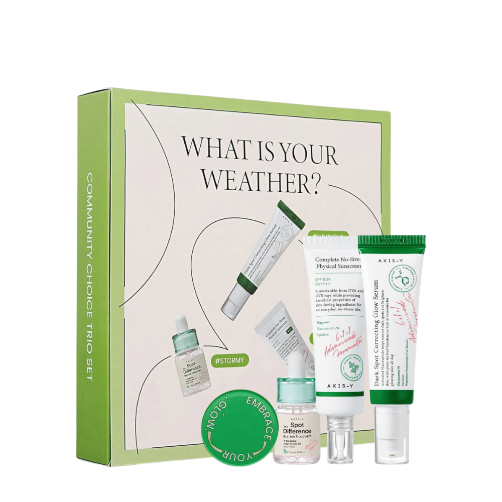 AXIS-Y "What is your weather?" Hautpflegeset in grüner Verpackung enthält fünf Produkte: Sonnencreme, Feuchtigkeitscreme, Serum, Behandlungsgel und Gesichtsmaske, angepasst für verschiedene Hauttypen und Klimazonen.