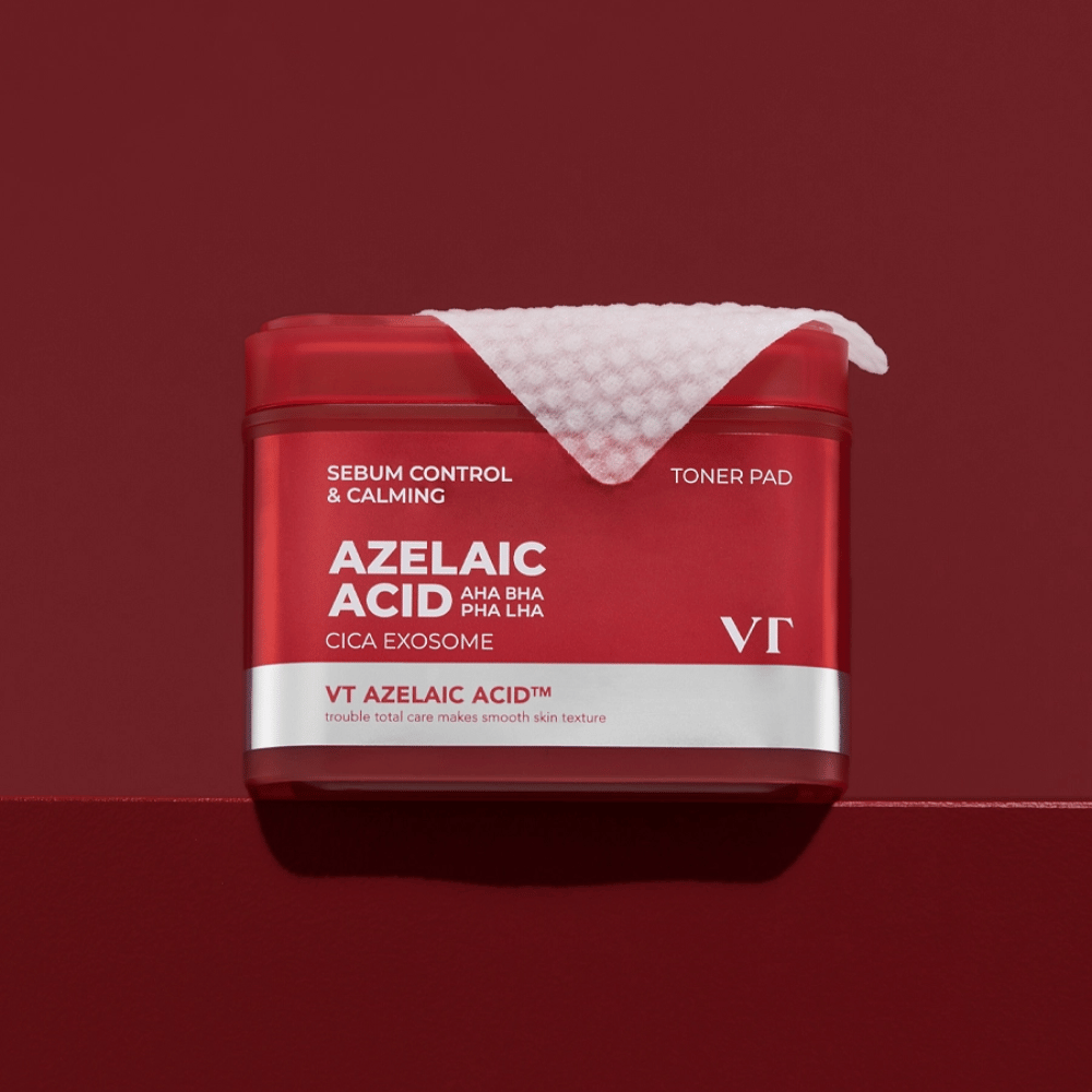 VT Azelaic Acid Toner Pad – rotes Glas mit Texturpad, perfekt um den Hautton auszugleichen und Unreinheiten zu reduzieren.