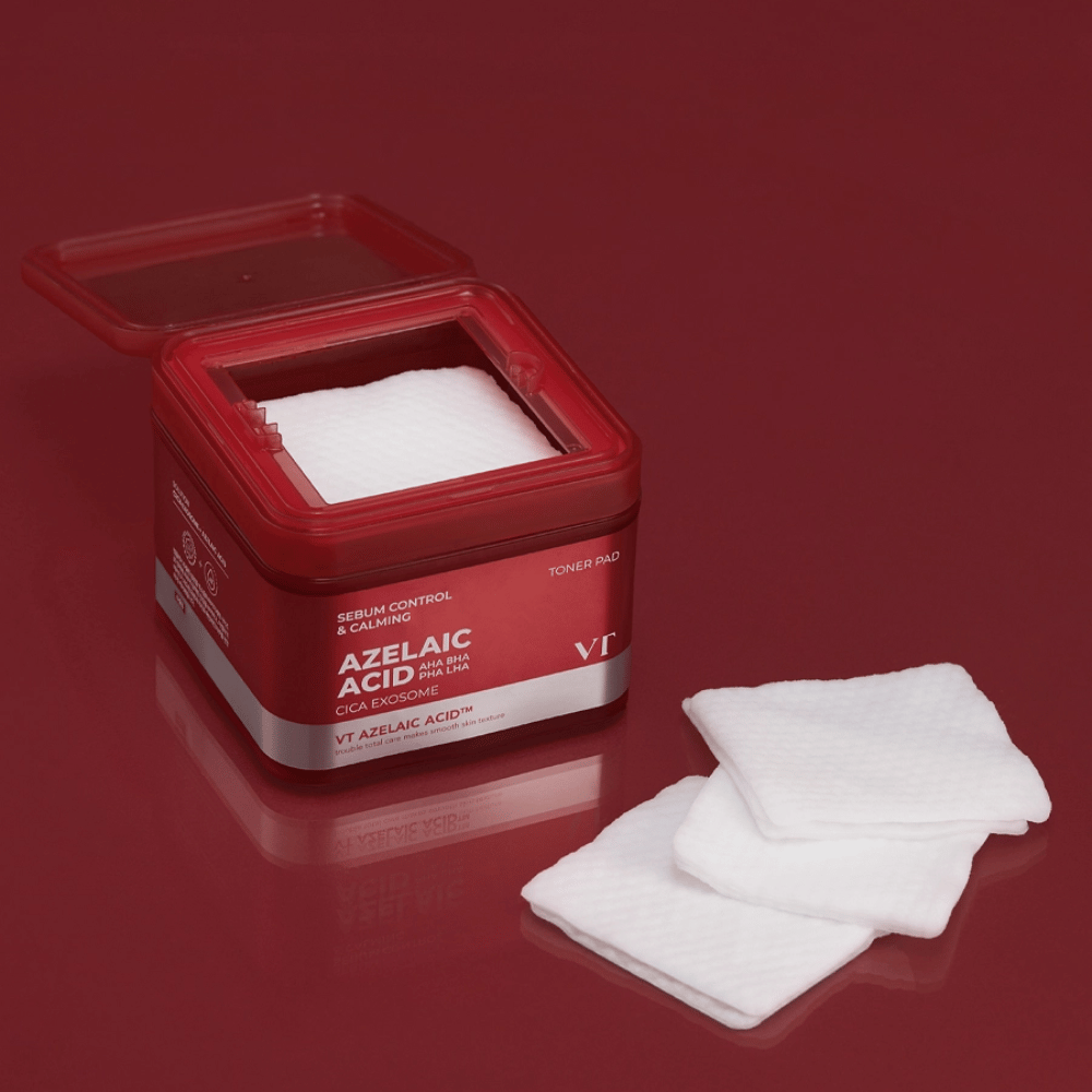 VT Azelaic Acid Toner Pad – exfolierende und beruhigende Pads mit AHA, BHA, PHA und LHA für ausgeglichene, klare Haut.