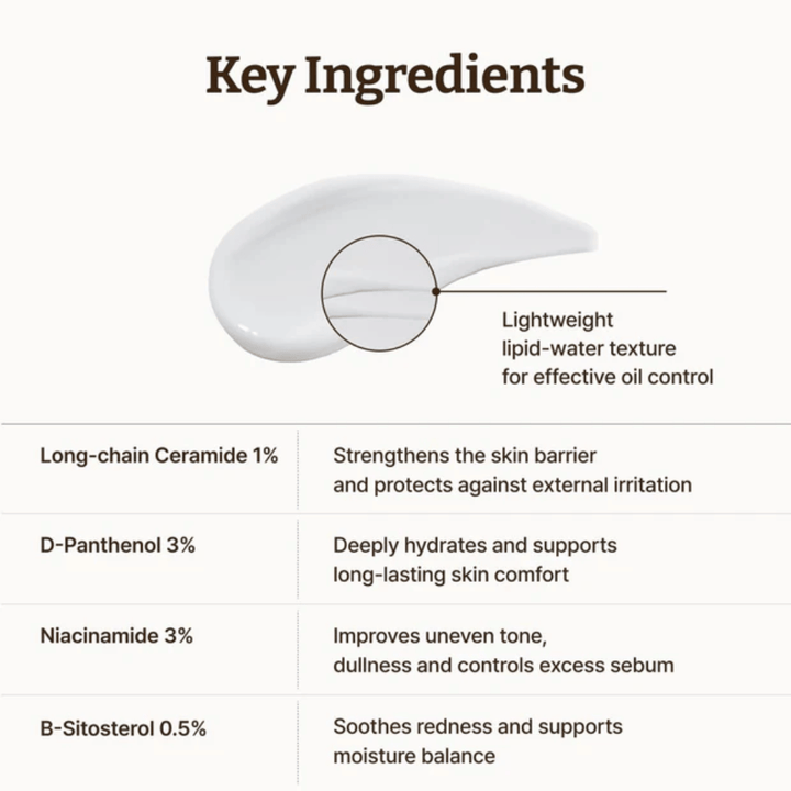 Dr. Reju-All LC-Ceramide Barrier Cream Hauptinhaltsstoffe – langkettige Ceramide 1 %, Panthenol 3 % und Niacinamid 3 %, die die Hautbarriere stärken, die Haut beruhigen und den Talg ausgleichen.