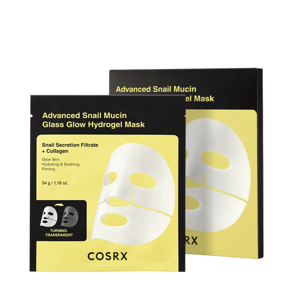 Verpackung von COSRX Advanced Snail Mucin Glass Glow Hydrogel Mask – feuchtigkeitsspendende Maske mit Schneckensekret und Kollagen.