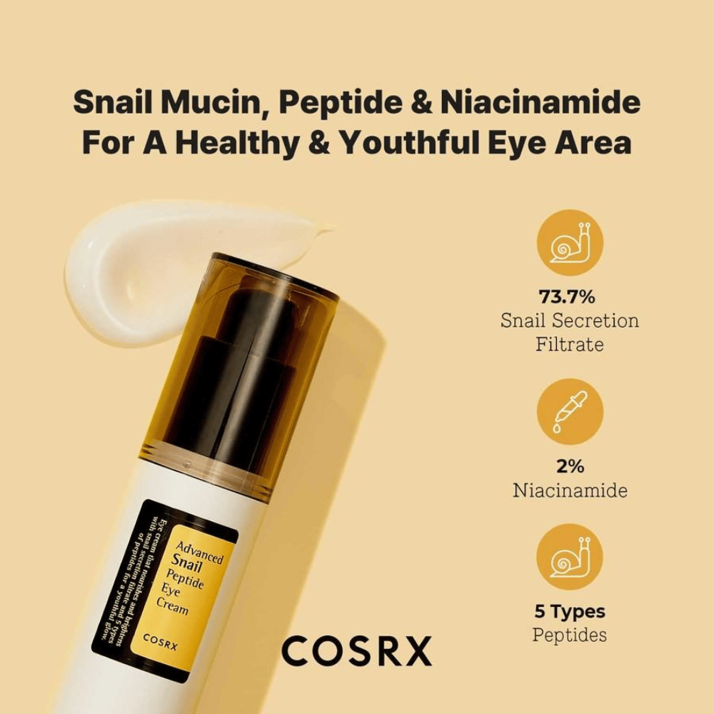 COSRX Advanced Snail Peptide Eye Cream 25 ml mit Schneckenschleim, Peptiden und Niacinamid für festere Haut und gleichmäßigeren Hautton um die Augen