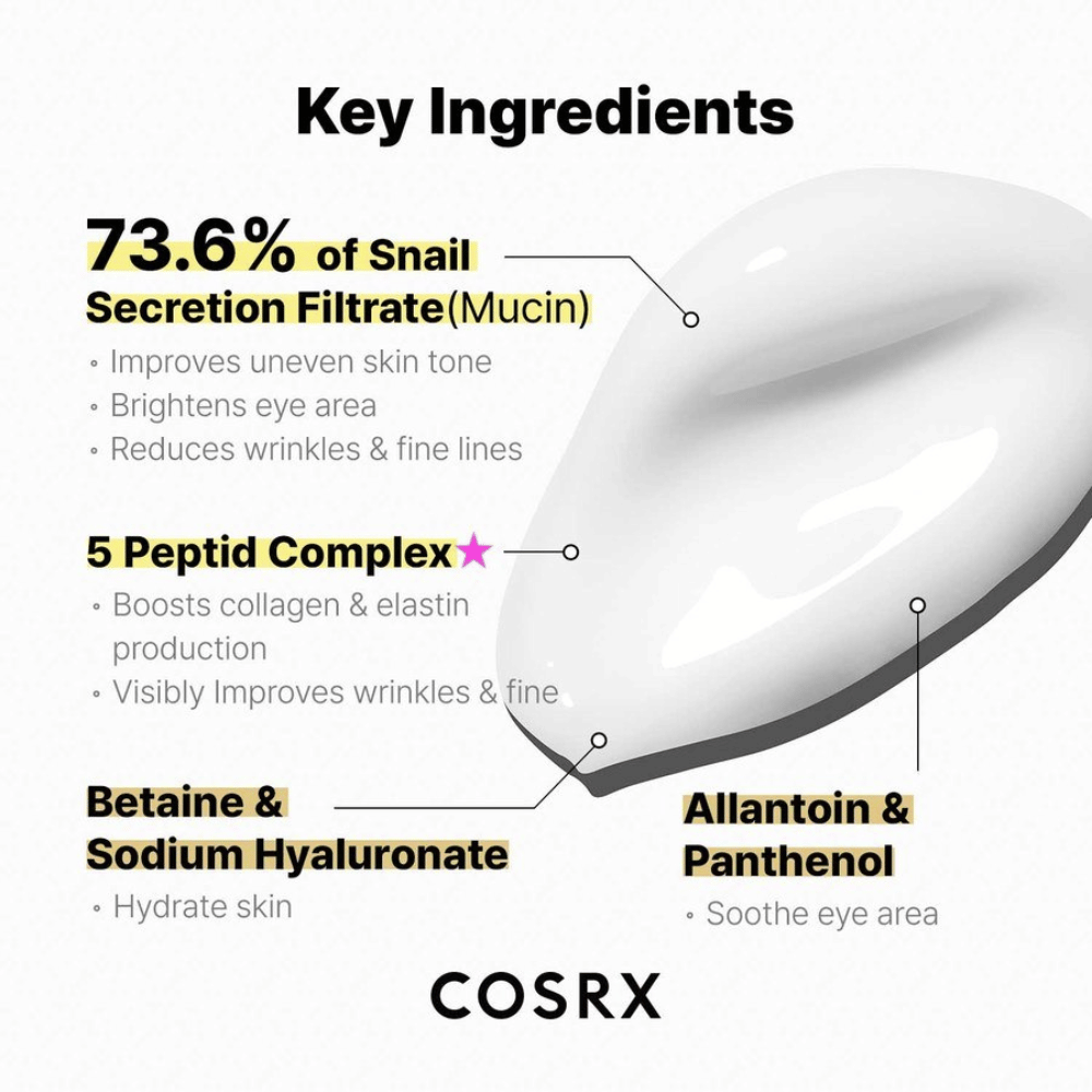 COSRX Advanced Snail Peptide Eye Cream mit 73,6% Schneckenschleim, 5 Peptiden, Niacinamid und Hyaluronsäure – feuchtigkeitsspendend und Anti-Age Augencreme