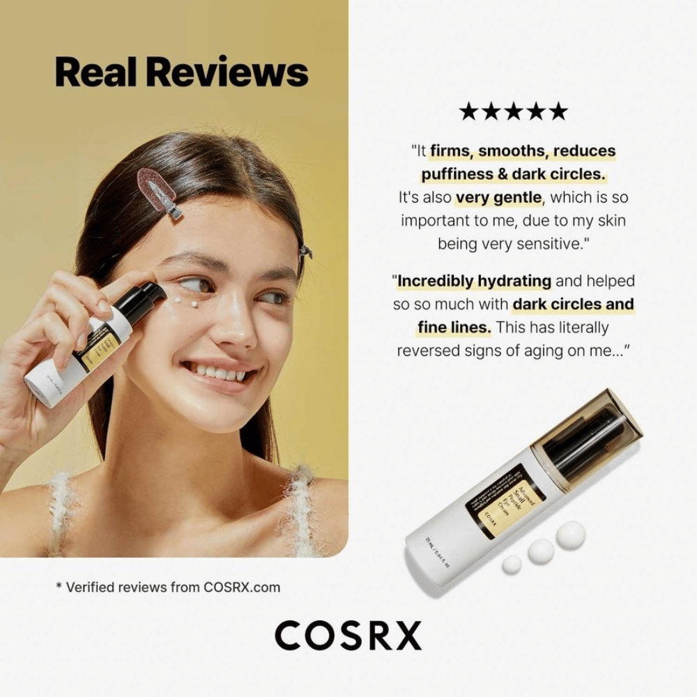 COSRX Advanced Snail Peptide Eye Cream wird unter den Augen aufgetragen – Augencreme mit 73,7% snail mucin und Peptiden gegen dunkle Ringe, Schwellungen und feine Linien