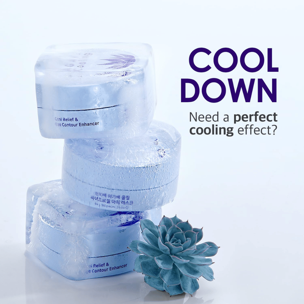 Kampagnenbild von PETITFEE Agave Cooling Hydrogel Eye Mask mit eisigem und kühlendem Thema. Das Bild hebt die kühlende Wirkung des Produkts und das frische Gefühl für müde Augen hervor.