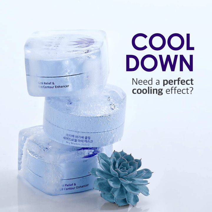 Kampagnenbild von PETITFEE Agave Cooling Hydrogel Eye Mask mit eisigem und kühlendem Thema. Das Bild hebt die kühlende Wirkung des Produkts und das frische Gefühl für müde Augen hervor.