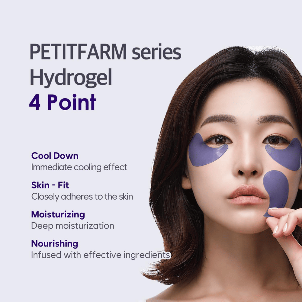 Kampagnenbild mit einem Model, das die PETITFARM Hydrogel Eye Mask verwendet. Das Bild hebt vier Hauptvorteile hervor: kühlender Effekt, hautangepasste Passform, tiefe Feuchtigkeitsversorgung und nährende Inhaltsstoffe.