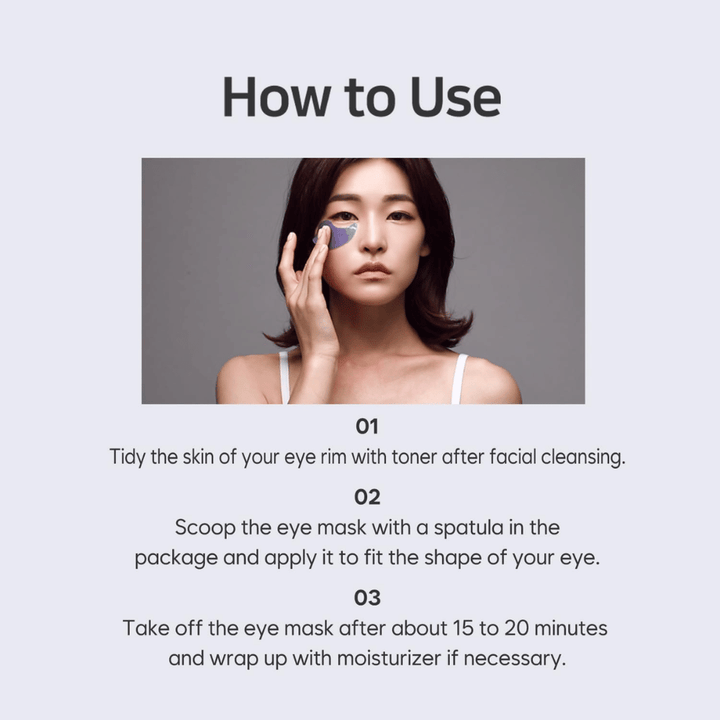 Anleitungsbild, das zeigt, wie die PETITFARM Hydrogel Eye Mask nach der Reinigung und gesichtswasser angewendet wird. Die Anleitung beschreibt Schritt für Schritt, wie Eye Patches zur Feuchtigkeitsversorgung und kühlenden Pflege rund um die Augen verwendet werden.