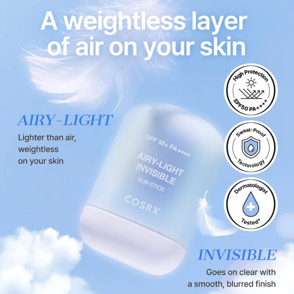 COSRX Airy-Light Invisible Sun Stick – ultraleichter Sonnenschutz mit SPF 50+ und PA++++, bietet ein schwereloses, unsichtbares Finish.