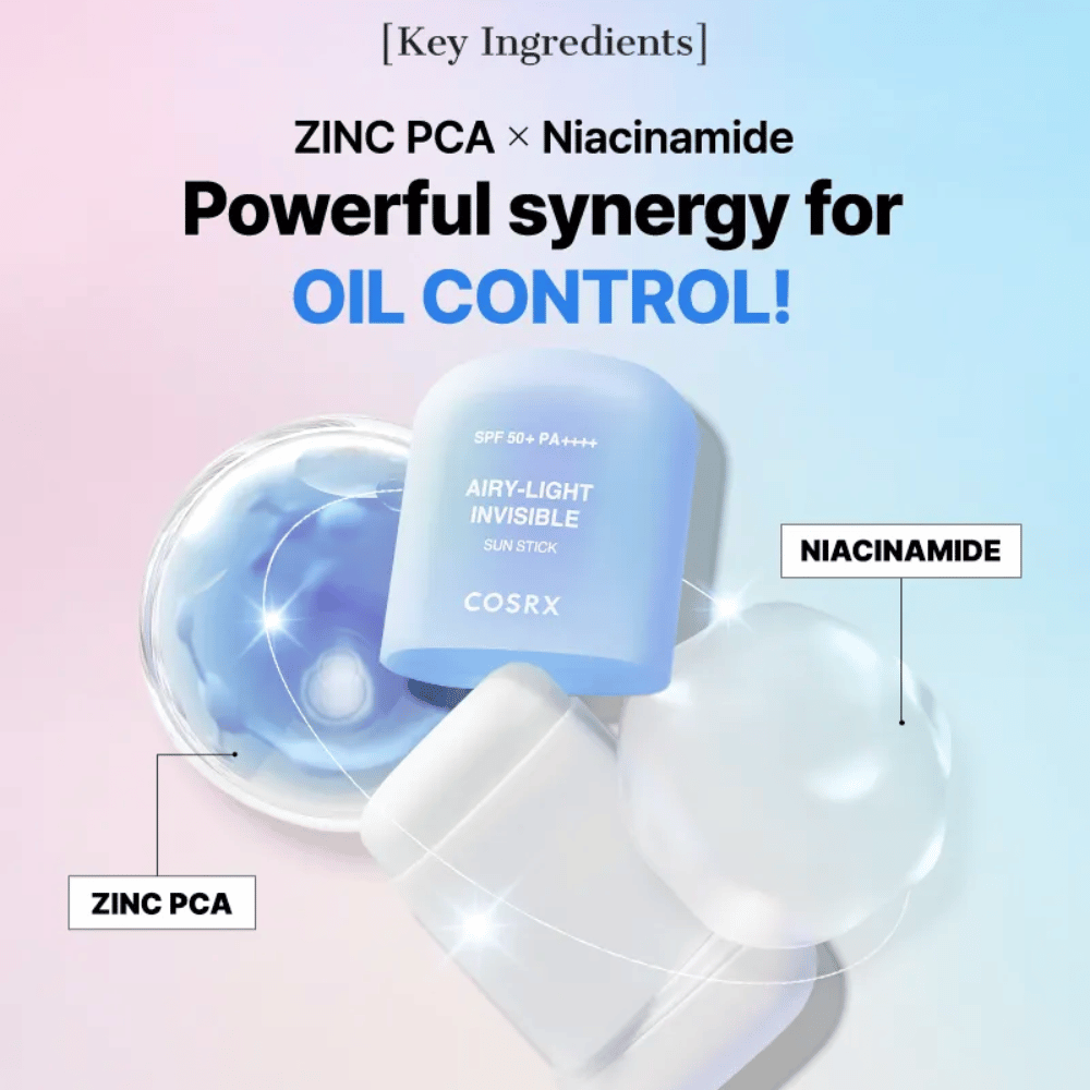 Schlüsselingredienzen in COSRX Airy-Light Invisible Sun Stick – Zink PCA und Niacinamid für effektive Talgkontrolle und klare Haut.