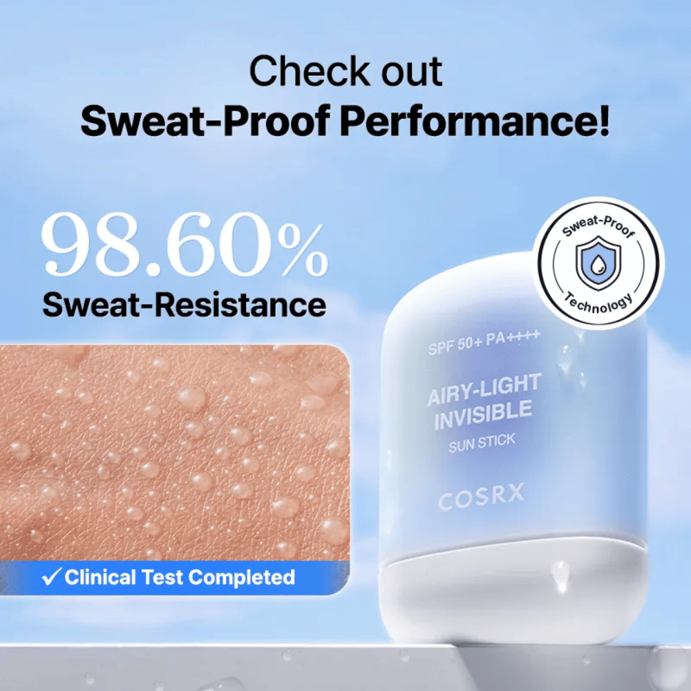 COSRX Airy-Light Invisible Sun Stick mit 98,6 % Schweißresistenz – bewährte schweißfeste Technologie für langanhaltenden Schutz.
