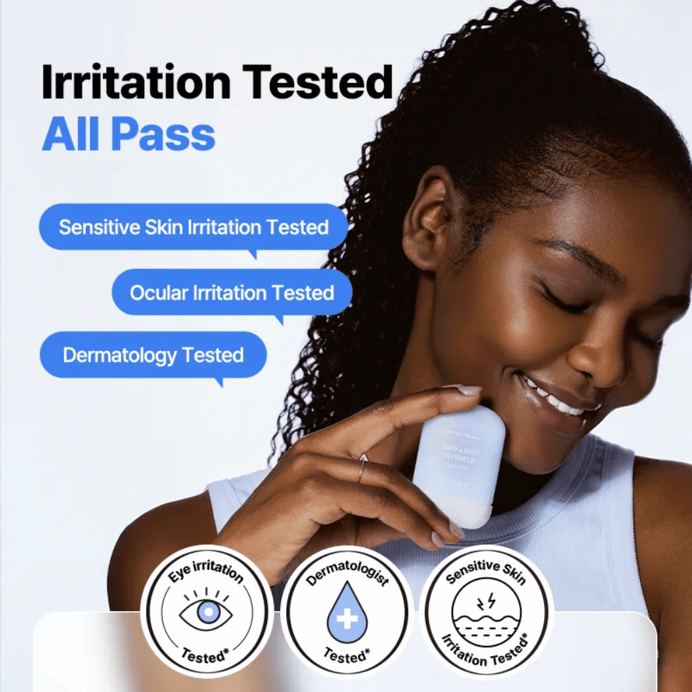 Klinisch getestete COSRX Airy-Light Invisible Sun Stick – getestet für empfindliche Haut, Augenreizung und dermatologisch zugelassen.