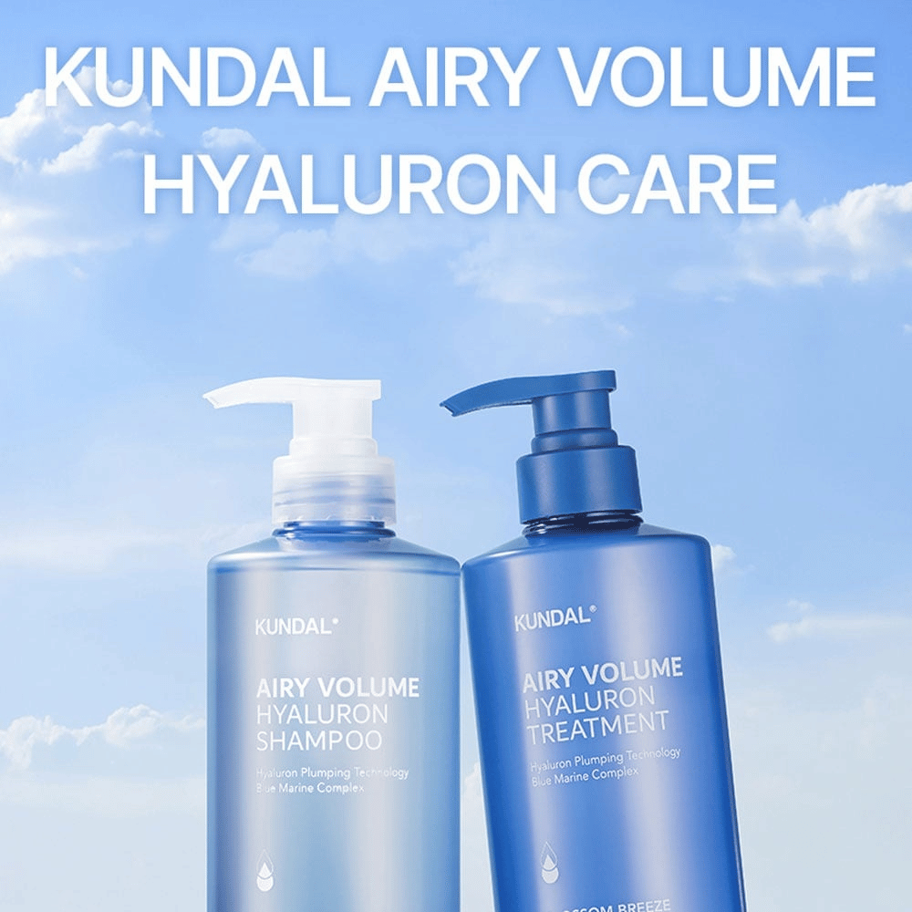 KUNDAL Airy Volume Hyaluron Shampoo und Treatment in blauen Pumpflaschen, Haarpflege mit Hyaluron und Blue Marine Complex.