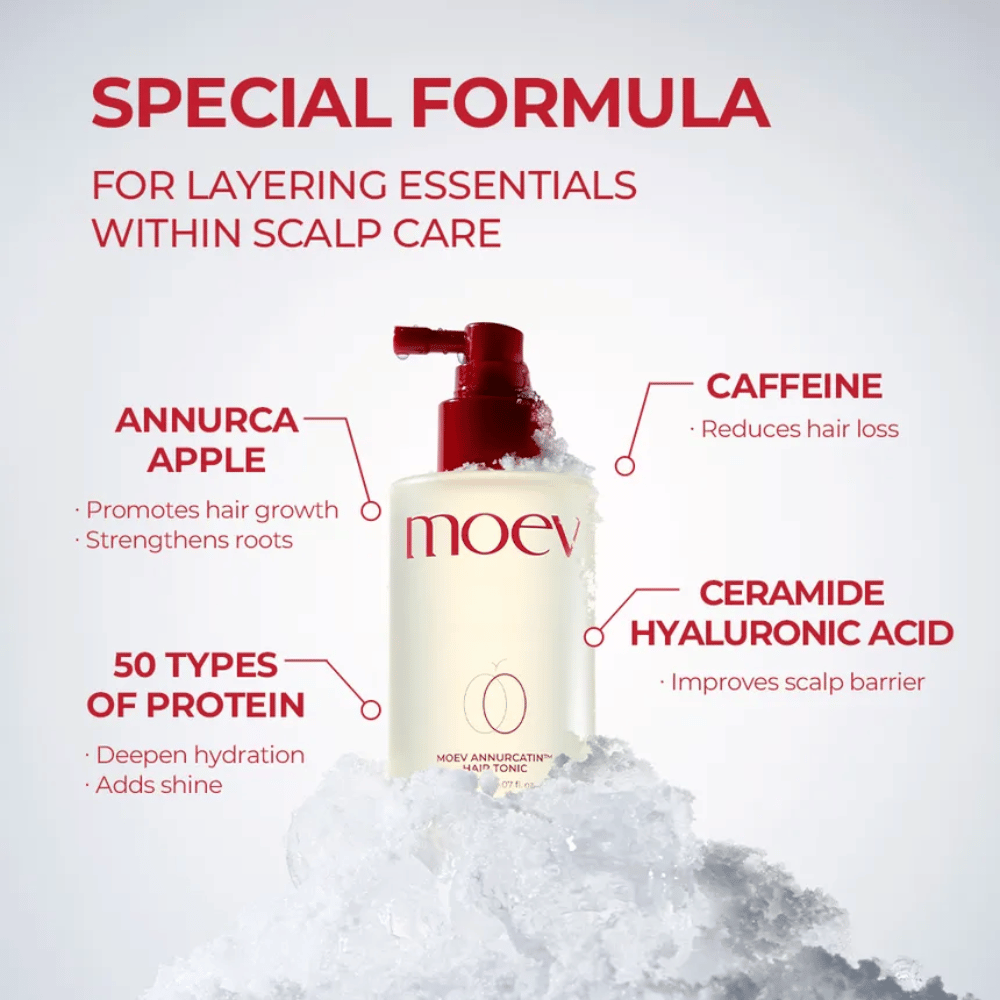 MOEV Annurcatin Hair Tonic – fortschrittliche Formel mit Annurca-Apfel, Koffein und Hyaluronsäure, die Haar und Kopfhaut stärkt.