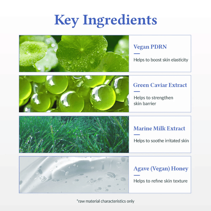 Schlüsselinhaltsstoffe in Dr. Althea Aqua Marine Deep Serum – Vegan PDRN für Elastizität, Green Caviar Extract, das die Hautbarriere stärkt, Marine Milk Extract, das die Haut beruhigt, sowie Agave (veganer Honig) für eine gleichmäßigere Hautstruktur.