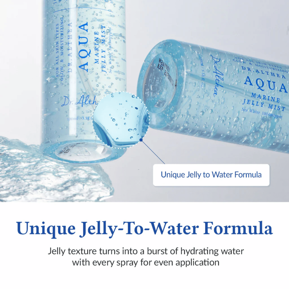 Dr. Althea Aqua Marine Jelly Mist mit einzigartiger Jelly-to-Water-Formel, die beim Sprühen aktiviert wird und intensive Feuchtigkeit spendet