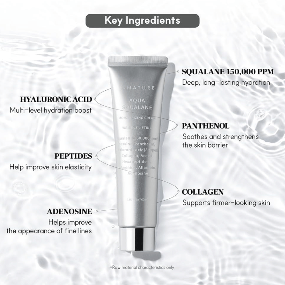 S.NATURE Aqua Squalane Moisturizing Cream mit squalane, Hyaluronsäure, Panthenol, Peptiden und Kollagen für mit Feuchtigkeit versorgte und geschmeidige Haut.