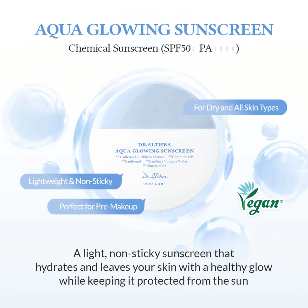 Bild von Dr. Althea Aqua Glowing Sunscreen mit Text, der seinen SPF50+, vegane Formel, leichtes und nicht klebriges Gefühl sowie feuchtigkeitsspendende Eigenschaften für alle Hauttypen hervorhebt.