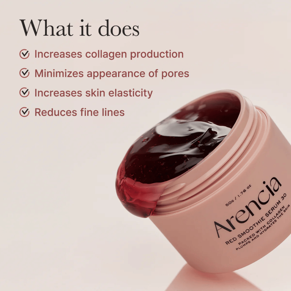 Offene Dose Arencia Red Smoothie Serum 30 mit gelartiger Textur, aufgelistet Vorteile: erhöhtes Kollagen, minimierte Poren, verbesserte Elastizität, reduzierte Linien.