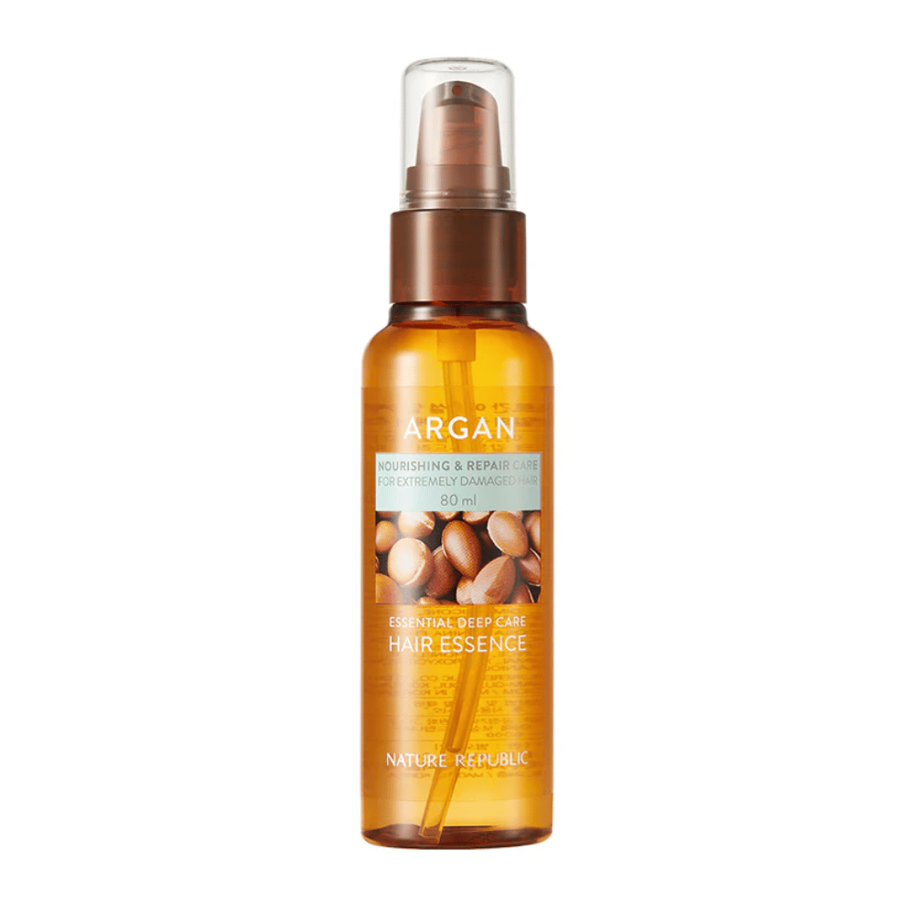 Produktbild auf Nature Republic Argan Essential Moisture Hair Oil 80 ml – nährstoffreiches Haaröl für trockenes und geschädigtes Haar.