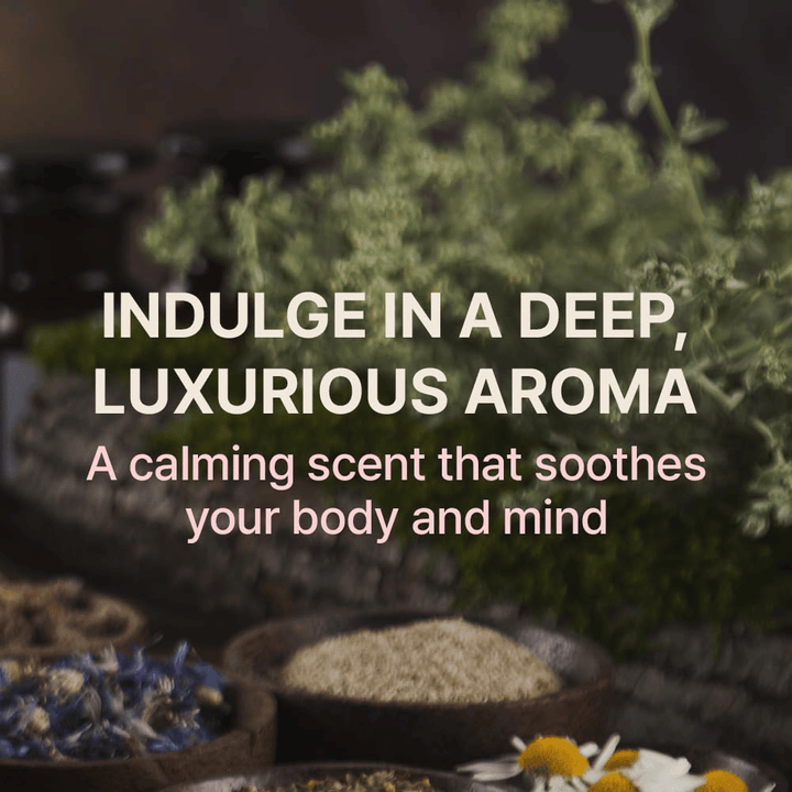 Stimmungsbild mit Kräutern und natürlichen Inhaltsstoffen zusammen mit Text, der das beruhigende und luxuriöse Aroma des Produkts für Körper und Geist hervorhebt.
