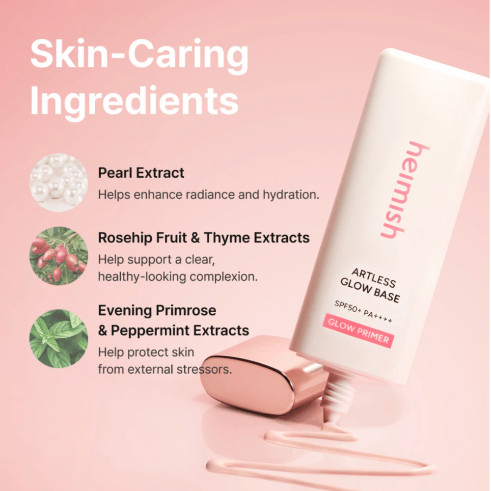 Heimish Artless Glow Base SPF50+ PA++++ mit Birnenextrakt, Hagebutte, Thymian, Nachtkerze und Pfefferminze für Feuchtigkeit und Ausstrahlung.