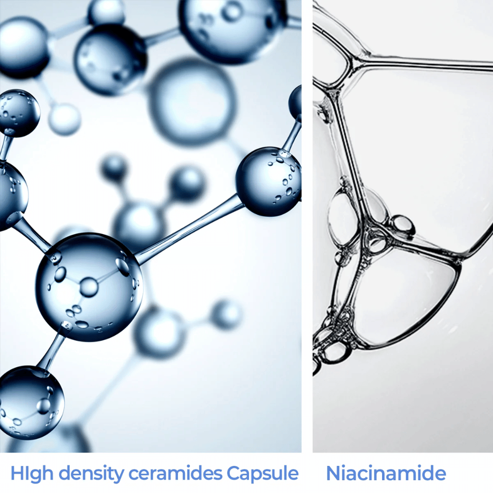Nahaufnahme von hochdichten Ceramidkapseln und Niacinamid – Schlüsselinhaltsstoffe in AESTURA Atobarrier 365 Lotion.