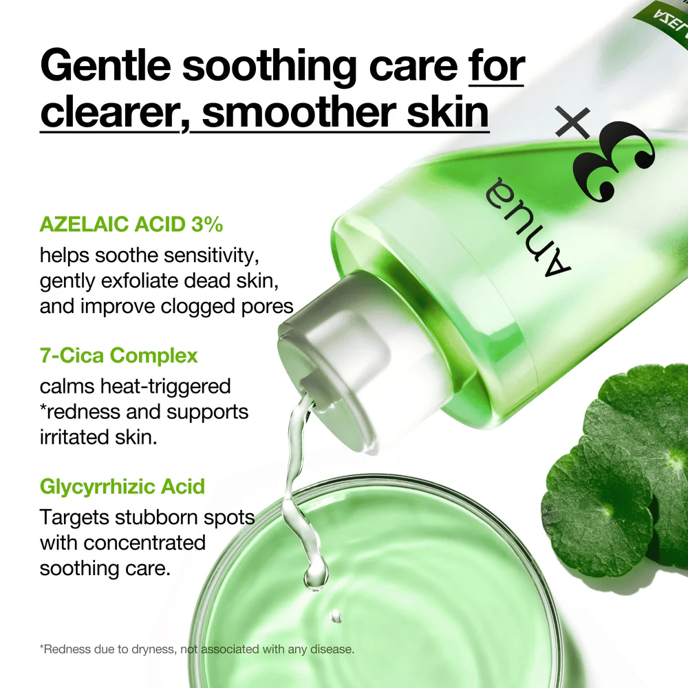 Anua Azelaic Acid 3 Cica Skin Clarifying Toner mit 3 % Azelainsäure, 7-Cica Complex und Glycyrrhizinsäure, die empfindliche Haut beruhigen und Rötungen reduzieren.