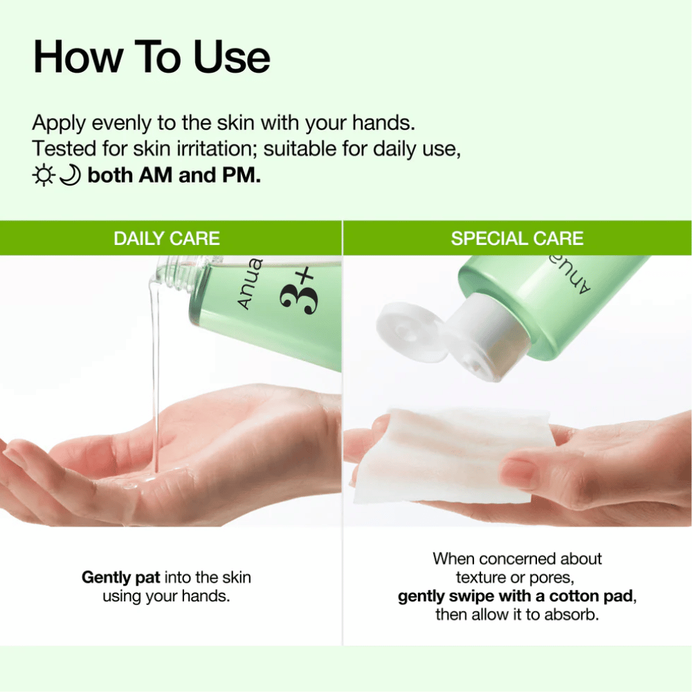 Anua Azelaic Acid 3 Cica Skin Clarifying Toner wird mit den Händen oder einem Wattepad aufgetragen, um die Haut zu beruhigen und die Hautstruktur zu verbessern.