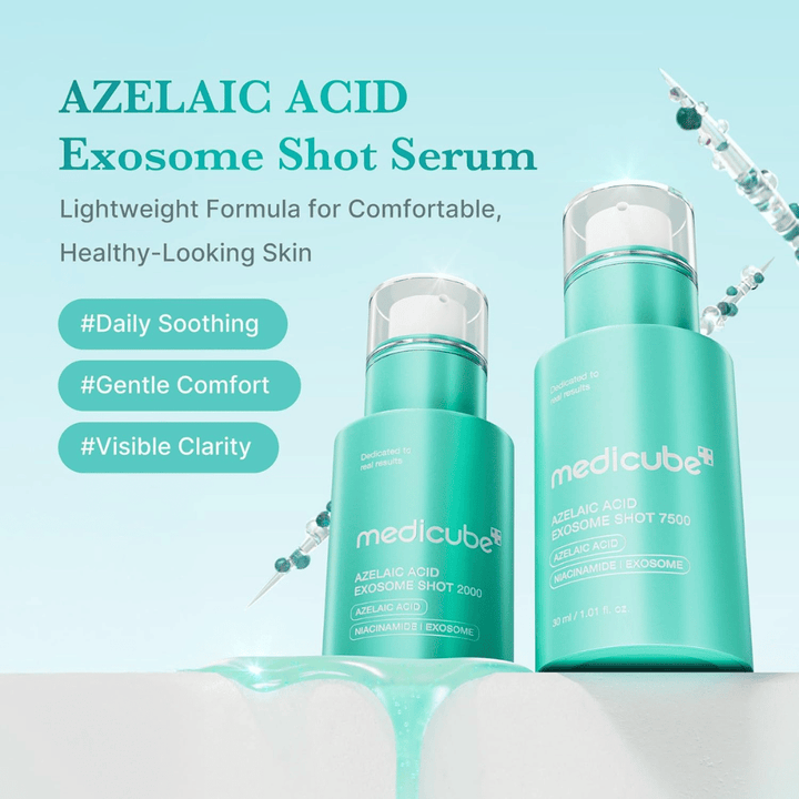 Produktbild, das zwei Größen oder Stärken des Azelaic Acid Exosome Shot-Serums zeigt. Das türkisfarbene Design wird mit Botschaften über tägliche beruhigende Hautpflege, Komfort und verbesserte Hautklarheit kombiniert. Dekorative Illustrationen von Spikeln und Serumtropfen verstärken das wissenschaftliche Gefühl.